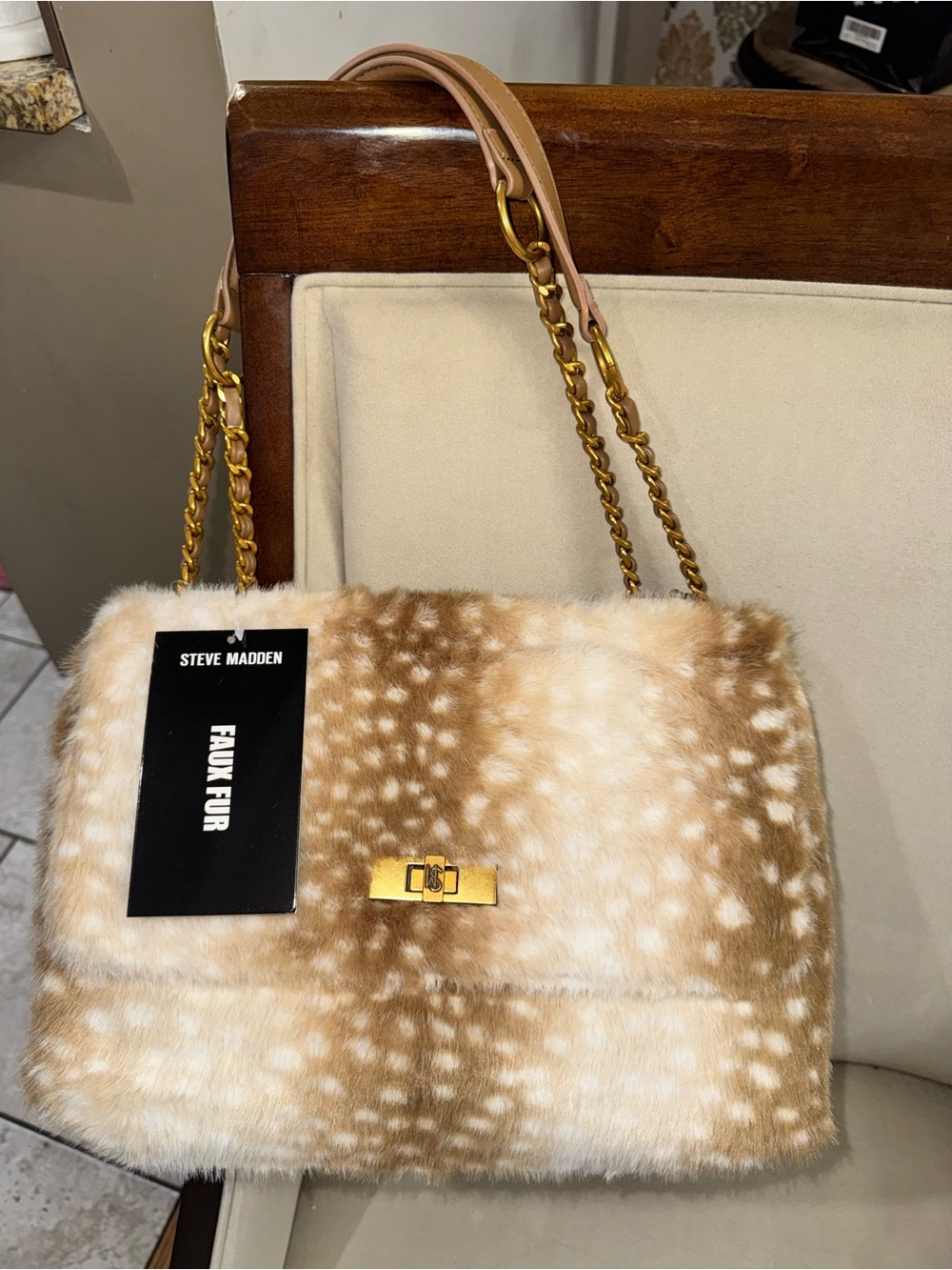 Steve Madden Faux Fur Shoulder Bag in Light Brown and Cream